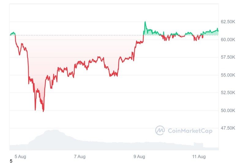 Bitcoin surged past the $62,000 mark on August 9, climbing from a low of $49,000 on August 5.