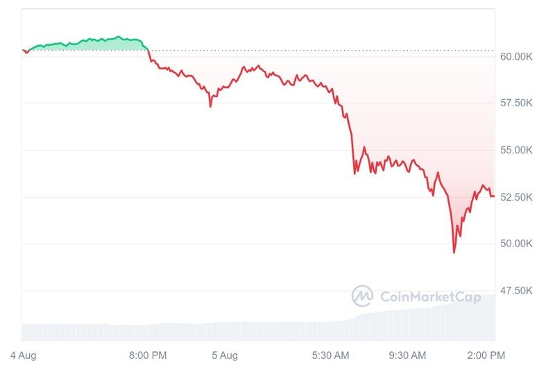 On August 5, Bitcoin drops below $50,000 for the first time since February, reaching a low of $49,513 before rebounding toward the $52,000 mark.