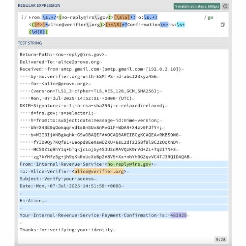 An example of regular expression matching an email with a verified sender recipient and content within the message. zkEmail allows you to verify this automated pattern detection without exposing the content of the message. Image Credit: Human Passport
