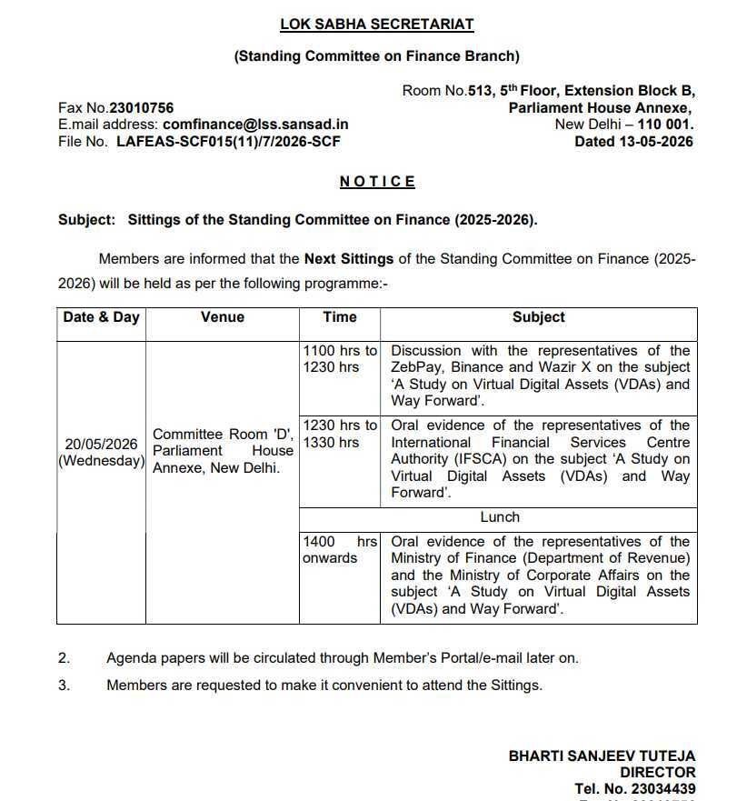Standing Committee on Finance Invites ZebPay, Binance, and WazirX the subject “A Study on Virtual Digital Assets (VDAs) and Way Forward