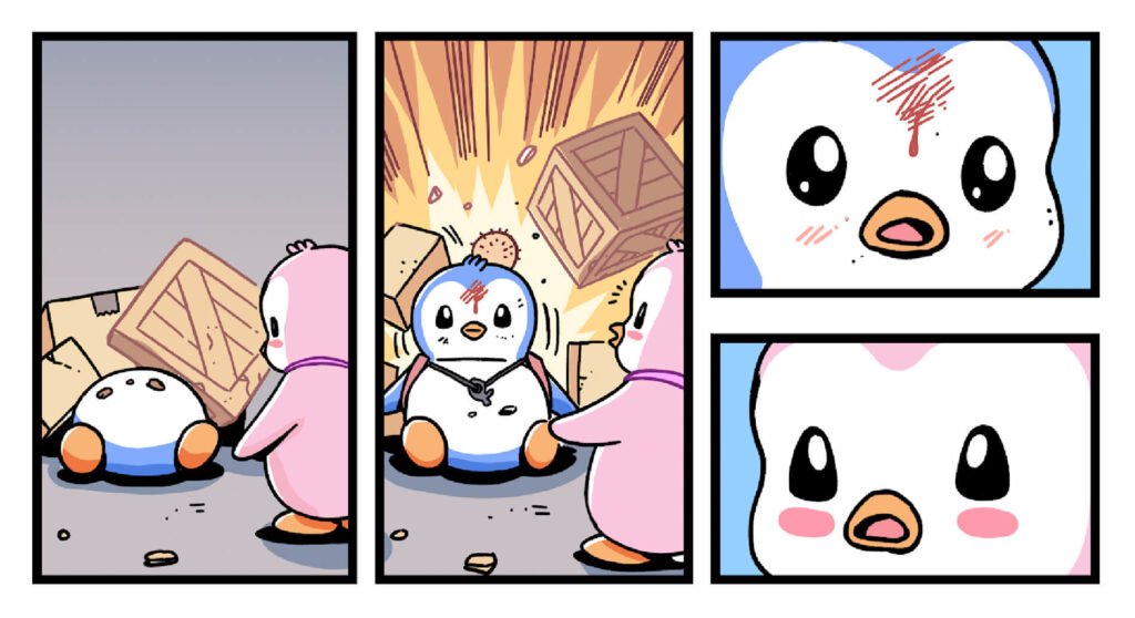A scene from Adventures of Pax Pengu & Polly capturing the moment Pax Pengu and Polly meet for the very first time.